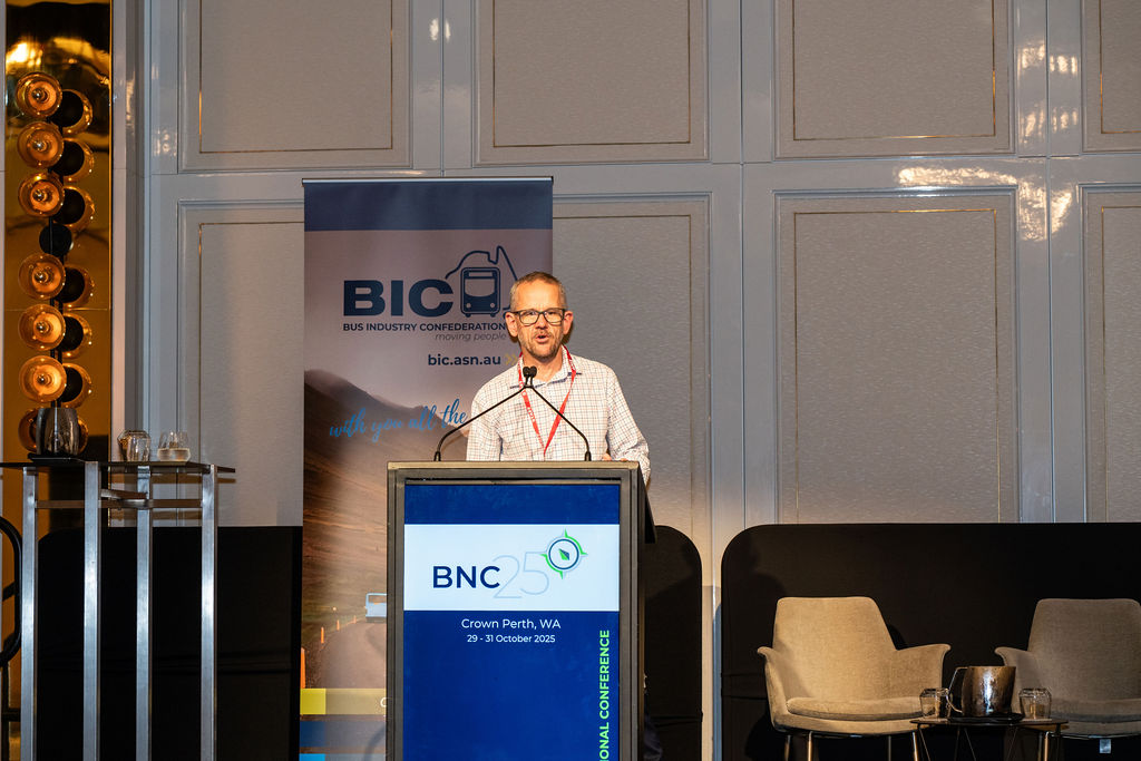 Dean Moule presenting on future skills at the Bus Industry Confederation's National Conference (BNC25), Crown Perth, October 2025