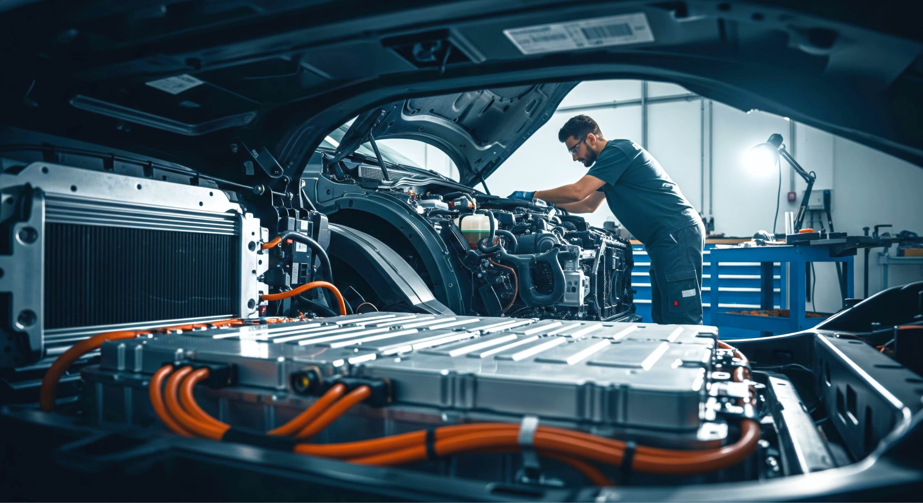 Mechanic works on electric vehicles in workshop